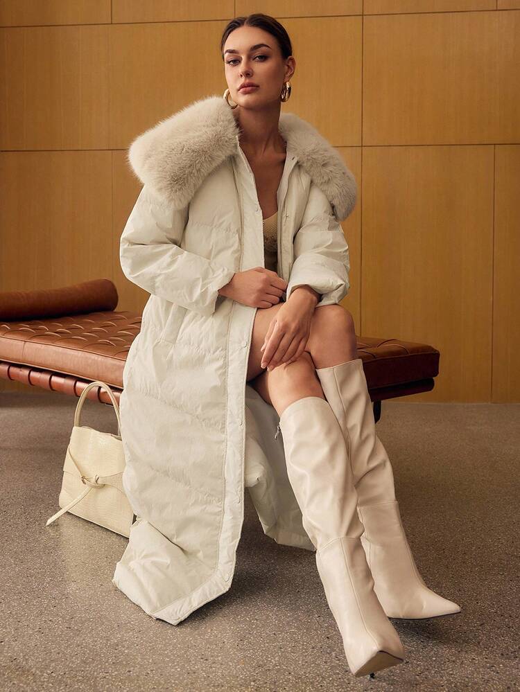 CONTRAST FAUX FUR ZIPPER WINTER COAT