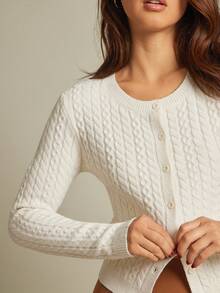 WESTFADE Mix Stitch Cable & Rib Knit Crewneck Button Front Cardigan Sweater Fall Autumn For Women Country Concert - Beige - View 4