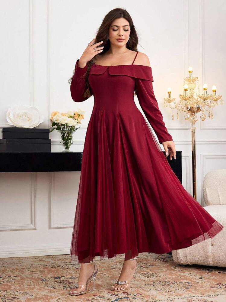 Modelyn Plus Size Elegant Solid Color Off-Shoulder Spaghetti Strap Mesh Patchwork Dress - Burgundy - View 6