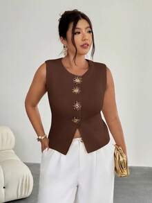 Firerie Damska metalowa ozdoba słoneczna z okrągłym dekoltem, modna dzianinowa kamizelka w dużym rozmiarze, bez rękawów, dzianinowy top w kolorze brązowym, damska letnia bluzka, dzianinowy top, sweter, kamizelka na jesień/zimę