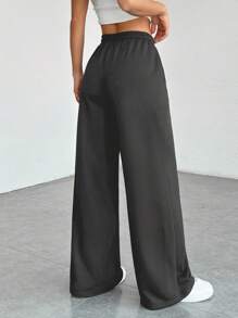 SHEIN PETITE Quần nỉ ống rộng dệt kim màu trơn thoải mái và giản dị dành cho nữ - Màu xám đen - Xem 2