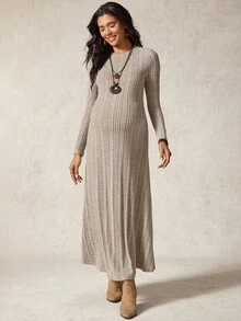 Boho Mama 孕妇纯色圆领长袖罗纹休闲连衣裙 - 卡其色 - 查看 3