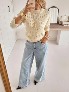 Siren Gaze كنزة صوفية بأكمام طويلة وياقة طاقم مزينة بالترتر للنساء - لون مشمشي - مشاهدة 6