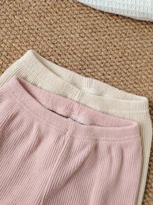 4pcs Young Girl Elegant Ribbed Knit Long Sleeve Top And Pants Casual Comfortable Underwear Set
