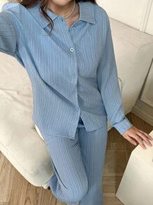青少年女孩纯色长袖纽扣衬衫、吊带背心和裤子休闲三件套 - 霧霾藍 - 查看 3