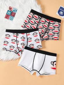 Paul Frank X SHEIN 3 件装男士卡通猴子印花撞色腰带缝线细节舒适平角内裤 - 白色 - 查看 1