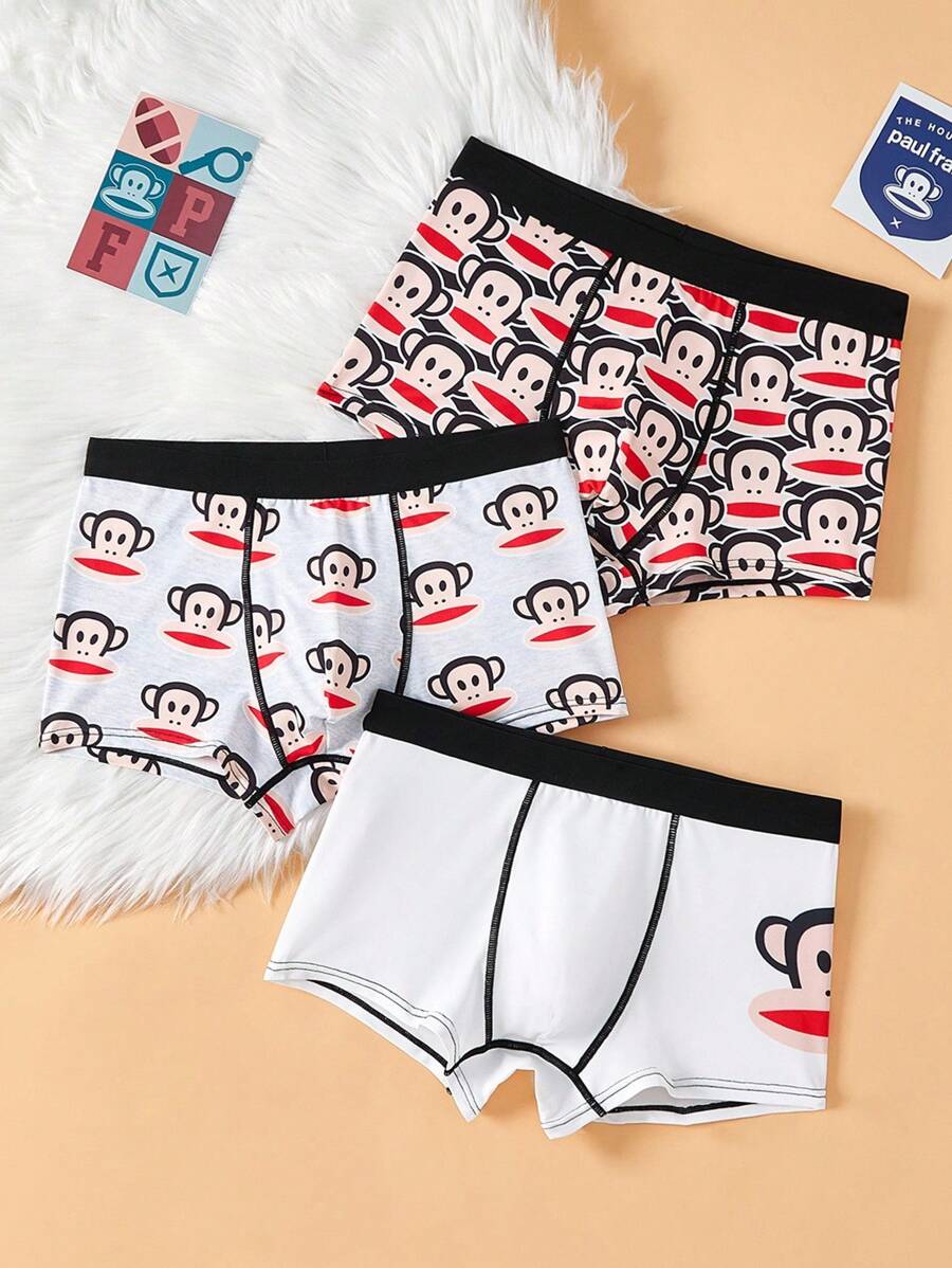 Paul Frank X SHEIN 3 件装男士卡通猴子印花撞色腰带缝线细节舒适平角内裤 - 白色 - 查看 1
