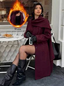 Calvaya 大码纯色围巾和羊毛大衣，时尚百搭，秋冬 - 酒紅色 - 查看 1