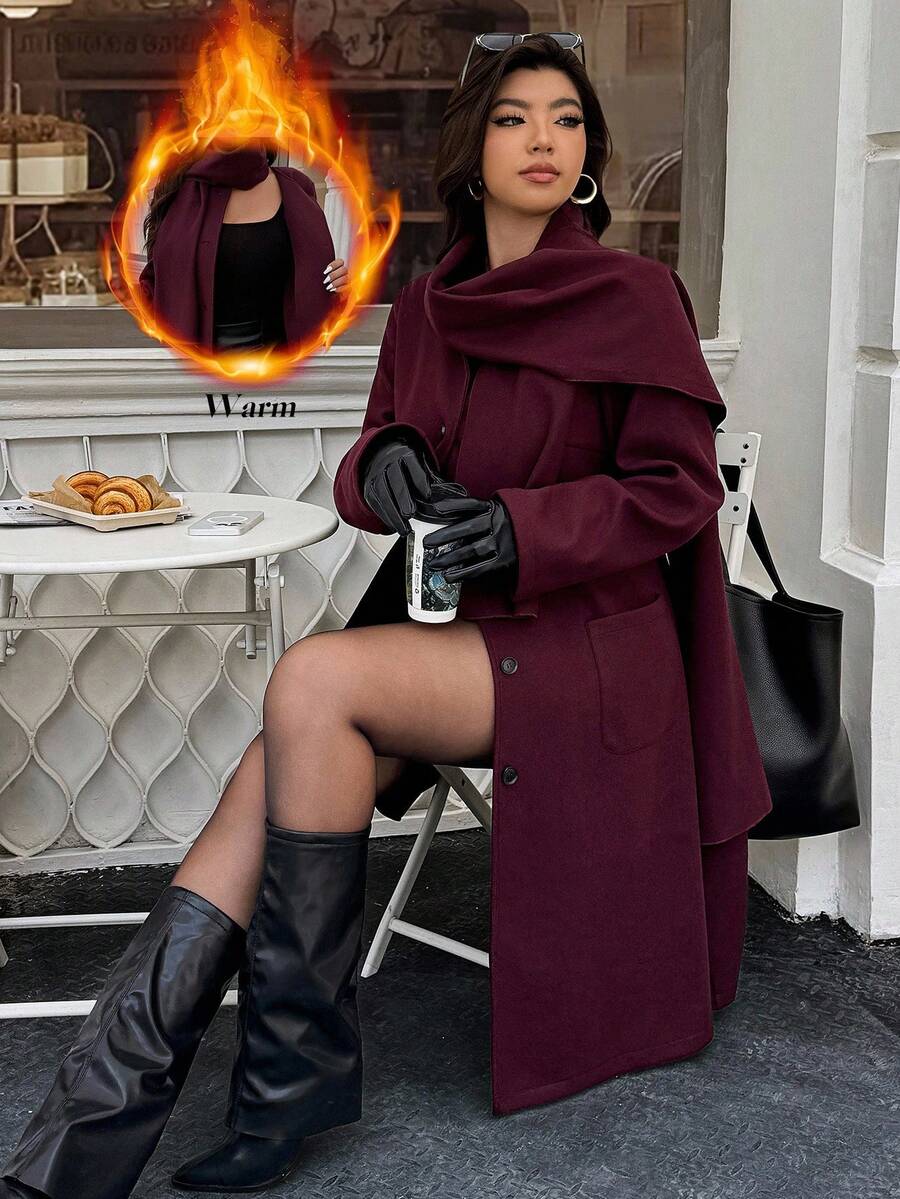 Calvaya 大码纯色围巾和羊毛大衣，时尚百搭，秋冬 - 酒紅色 - 查看 1