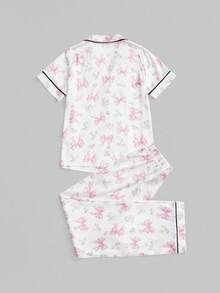 ROMWE Kawaii Cute Bow Floral Pattern Satin Fabric Long Sleeve Shorts Women Pajama Set - Pink - View 2