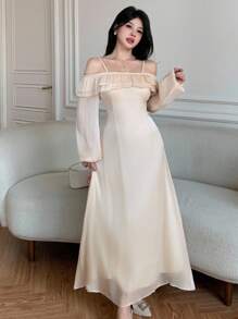 Modelyn Women's Glossy Fabric Double-Layer Asymmetric Neck Long Sleeve Dress, Autumn