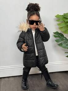 Chaqueta con capucha forrada térmicamente de color negro casual y versátil para bebés niñas, cálida para otoño/invierno - Negro - Ver 5