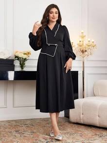 Modelyn Plus Size Color Block Wrap Around Puff Sleeve Elegant Fashion Dress - Black and White - View 6