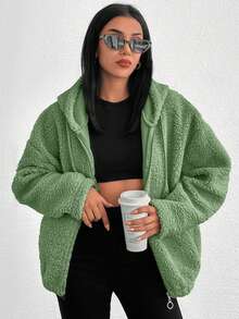 EURMUSE 100%Cotton Zip Up Drop Shoulder Hooded Teddy Jacket - Green - View 6