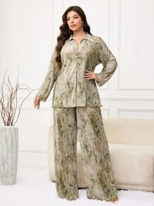 Veilorie Conjunto de camisa casual de manga larga y pantalones de estilo árabe con estampado de color contrastante para mujer de talla grande