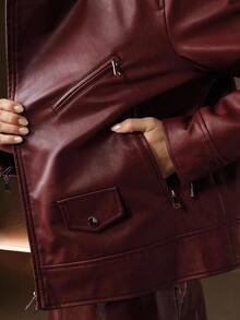 Anewsta Women's Solid Color Long Sleeve PU Leather Zipper Front Casual Motorcycle Jacket - Burgundy - View 2