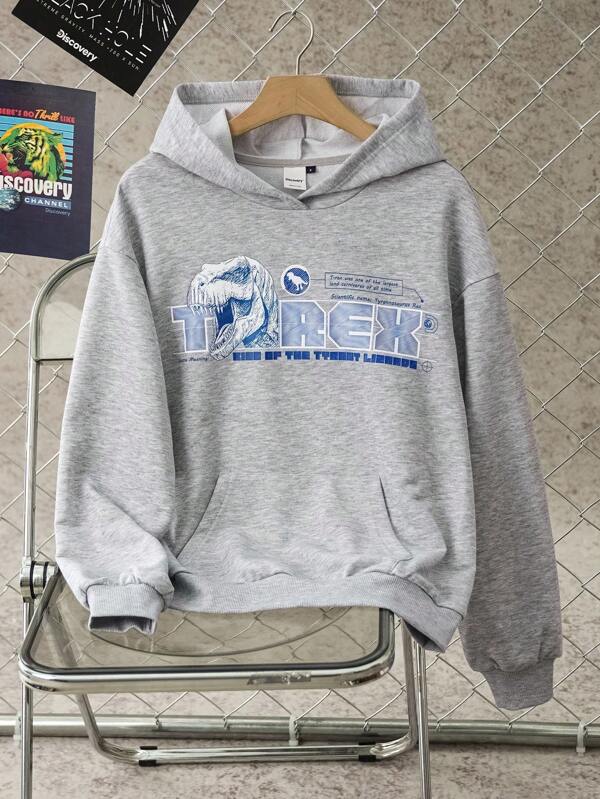 Discovery X SHEIN Women's Letter & Dinosaur Pattern Hooded Long Sleeve Sweatshirt