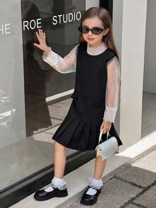 SHEIN Robe blanche à manches longues en maille, plissée au bas, confortable, pour jeunes filles. Automne/Hiver - Noir - Voir 4