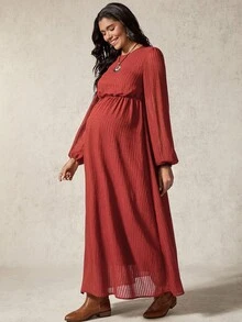 Boho Mama Maternity Solid Color Round Neck Lantern Sleeve Casual Dress - Red - View 7