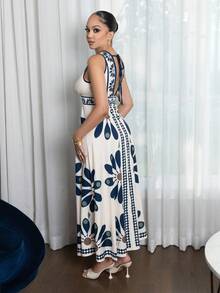 Melissa Matos Vestido sem mangas com estampa floral e decote em V para mulheres, férias