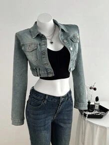 Elamini 女式长袖单排扣口袋休闲短款牛仔夹克 - 藍色 - 查看 1