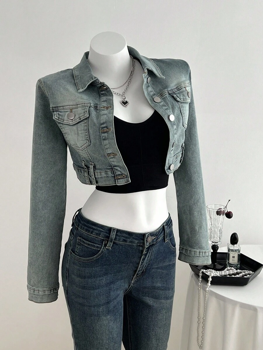 Elamini 女式长袖单排扣口袋休闲短款牛仔夹克 - 藍色 - 查看 1