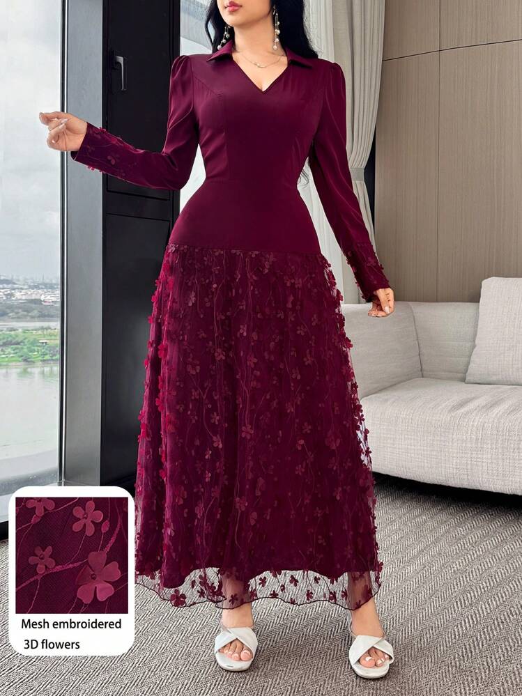 Feyla Vestido Elegante Feminino de Tule com Aplicação Floral 3D e Recortes - Vinho - Visão 1