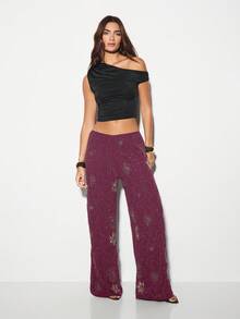 KIZN Quần ống rộng đính hạt phong cách Palazzo dự tiệc, quần dài thướt tha lấp lánh có túi, bộ sưu tập thu đông ngày lễ - Màu Đỏ Sâu - Xem 3