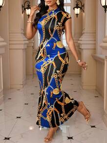 SHEIN Lady Vestido midi elegante y ajustado con volantes y estampado de cadena para mujer