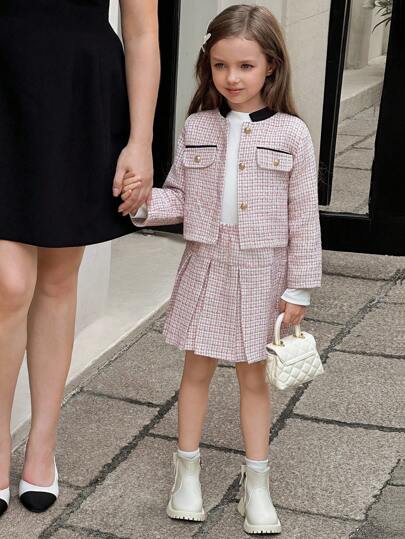 Elladie kids 2pcs Young Girl Elegant Plaid Jacket And Pleated Mini Skirt Set, Decorated With Golden Button, Suitable For Spring, Autumn And Winter Fall