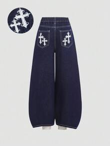Girlism Jeans larges et amples à motif croisé imprimé Halloween, style punk Y2K pour préadolescentes, en bleu foncé lavé, coupe ample. Idéal pour la rentrée scolaire, les sorties, les voyages quotidiens, les activités extérieures, la maison, les brunchs, les thés, les trajets, les aéroports, l'automne, l'hiver, Noël - Jean brut - Voir 1