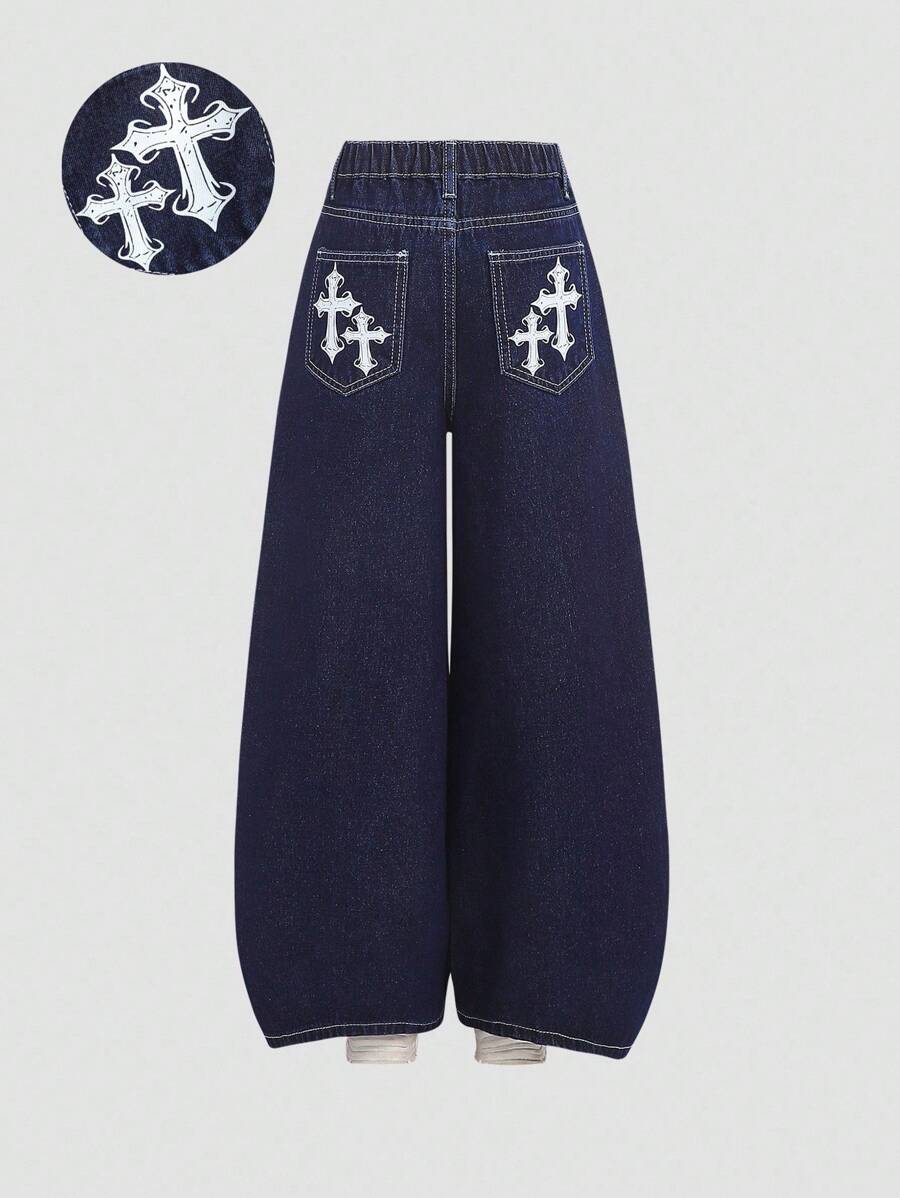 Girlism Jeans larges et amples à motif croisé imprimé Halloween, style punk Y2K pour préadolescentes, en bleu foncé lavé, coupe ample. Idéal pour la rentrée scolaire, les sorties, les voyages quotidiens, les activités extérieures, la maison, les brunchs, les thés, les trajets, les aéroports, l'automne, l'hiver, Noël - Jean brut - Voir 1