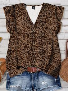 EMERY ROSE 大码女装日常休闲度假粉色V领小飞袖度假风豹纹宽松衬衫，女士夏装，女士度假服装，女士夏装，女士外出上衣，可爱夏季上衣，女士夏装 - 棕色 - 查看 1