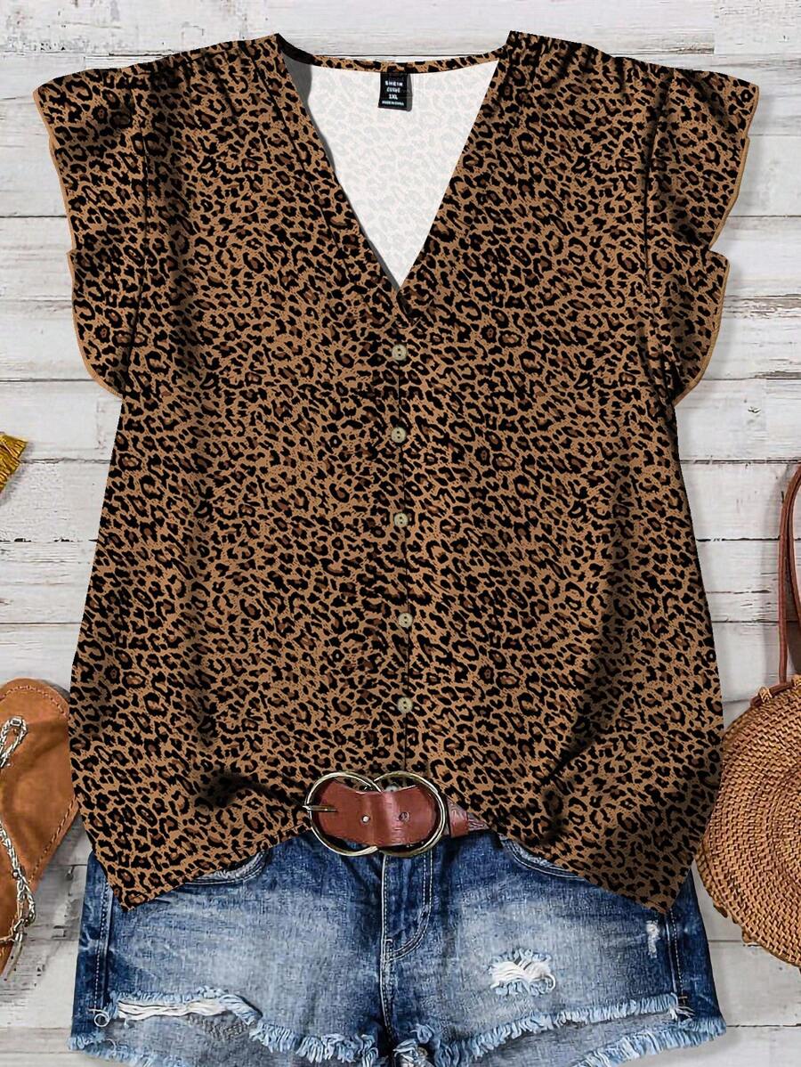 EMERY ROSE 大码女装日常休闲度假粉色V领小飞袖度假风豹纹宽松衬衫，女士夏装，女士度假服装，女士夏装，女士外出上衣，可爱夏季上衣，女士夏装 - 棕色 - 查看 1
