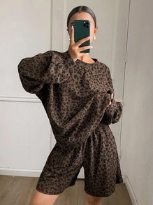 Livesso Bộ đồ mặc nhà mùa Thu/Đông mới, kiểu dáng rộng rãi, thoải mái, họa tiết da báo màu nâu dành cho nữ. - màu nâu - Xem 3