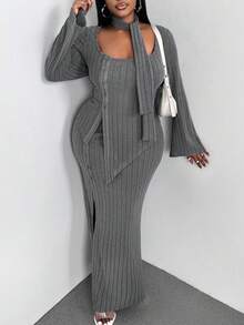 Maweii 2pcs Plus Size Women Set: Fitted Grey Ribbon Decor Asymmetric Hem Long Sleeve T-Shirt And Side Slit Midi Skirt Fall Cloth For Women - Grey - View 3