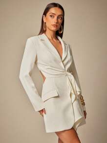 Silquee 高端系列秋冬纯米色早秋时尚女装适合上班办公室女士商务休闲女装西装套裙垂坠丝带设计，不对称设计高端西装套裙，一字肩棉质设计，优雅淑女女装，端庄大方简约简约长袖时尚连衣裙，适合日常穿着，优雅西装套裙，适合日常约会，夜间办公室，夜店，聚会，派对 - 杏色 - 查看 7