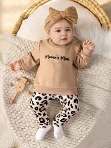 Cozy Pixies 新生男婴/女婴卡通字母印花插肩袖宽松羊毛连帽衫和豹纹松紧腰羊毛裤两件套 - 彩色 - 查看 3