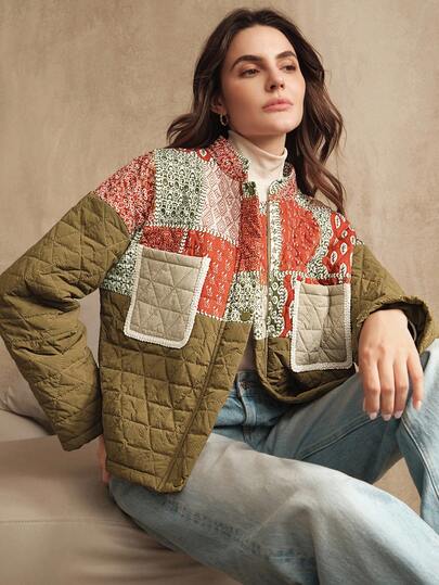 Anewsta Abrigo acolchado de manga larga con estampado de retazos y color verde militar de moda para mujer en otoño/invierno