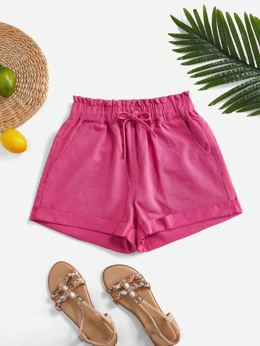 SHEIN Quần short denim cạp chun màu trơn, viền cuộn, thường ngày, đa năng cho nữ, mùa hè - Màu Hồng Tươi - Xem 1