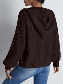 EURMUSE 女士纯色简约日常拉链针织开衫 - 棕色 - 查看 2