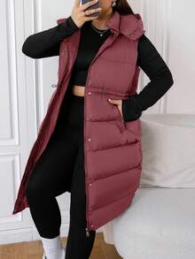EURMUSE Plus Size Long Hooded Black Winter Vest Jacket - Dusty Pink - View 1