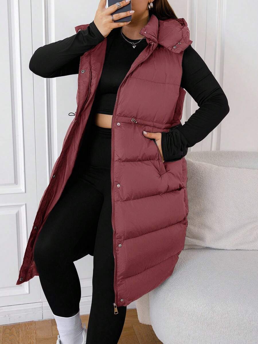 EURMUSE Plus Size Long Hooded Black Winter Vest Jacket - Dusty Pink - View 1