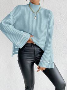 EURMUSE Áo len chui đầu dáng rộng tay dài cổ đứng vai trễ dành cho nữ - Màu xanh Bạc hà - Xem 6