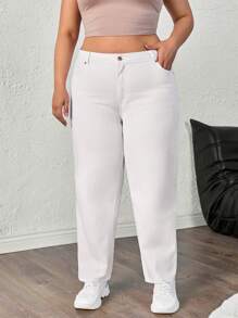 RueChic 高腰休闲纯色妈妈装牛仔裤 - 白色 - 查看 5