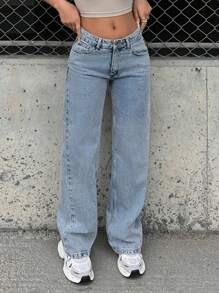 EURMUSE 100%Cotton Petite Low Waist Wide Leg Jeans - Light Wash - View 5