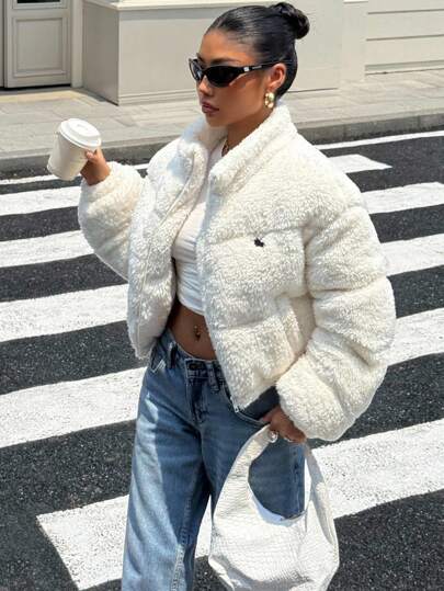 SHEIN EZwear Women's Winter Fluffy Collar Embroidered Decor Short Padded Coat