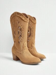 Styleloop Women's Hollow Out Western Style Pointed Toe Chunky Heel Mid-Calf Boots, BOHO Chic American Retro Bohemian Western Music Festival Party Christmas Halloween Outfit - Camel - View 5