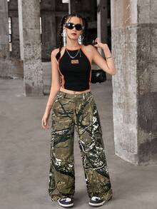 SHEIN Teen Girl Casual Camouflage Pattern Denim Jeans Fall Winter - Multicolor - View 4