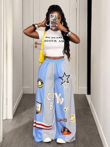BamGleam 女式松紧腰五角星条纹印花阔腿休闲裤 - 藍色 - 查看 1
